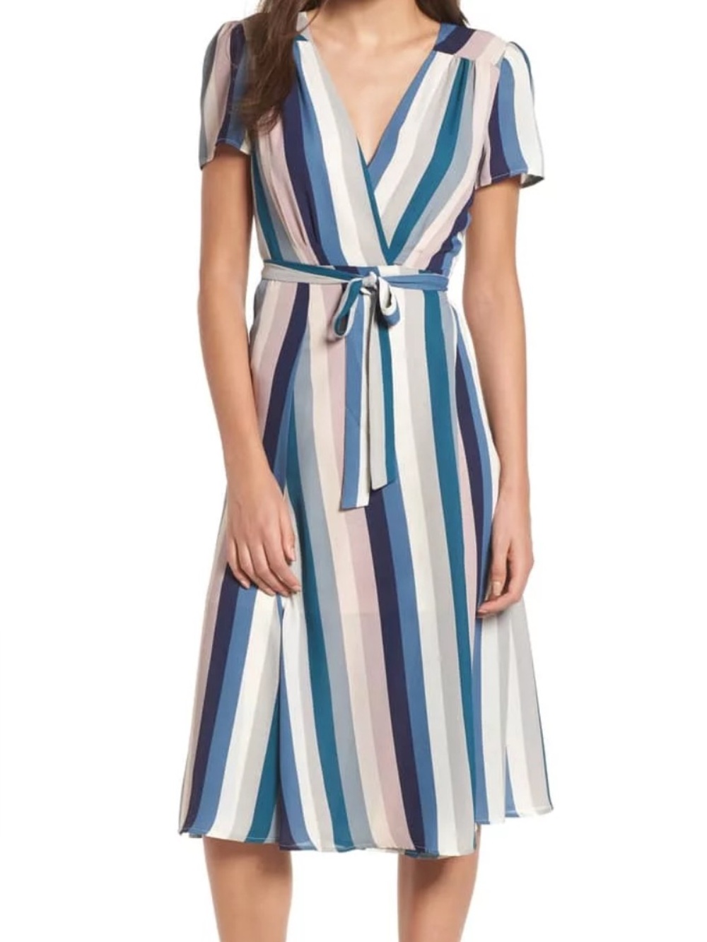 Leith multicolored striped midi wrap dress with short sleeves